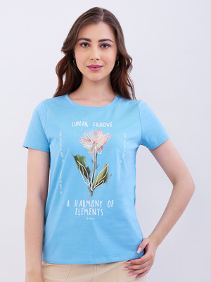 Spykar Solid Women Round Neck Blue T-Shirt