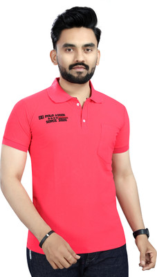 Lonaxa Typography Men Polo Neck Pink T-Shirt