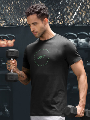 REEBOK Printed Men Round Neck Black T-Shirt