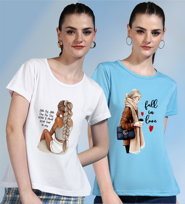 METRONAUT Printed Women Round Neck White, Light Blue T-Shirt