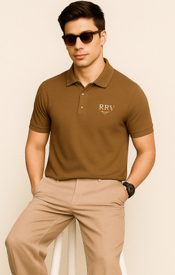 RRV Solid Men Polo Neck Brown T-Shirt