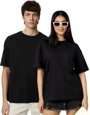 PicPok Solid Couple Round Neck Black T-Shirt