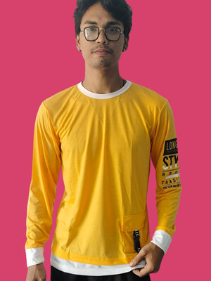 Teezler Printed, Solid Men Round Neck Yellow T-Shirt
