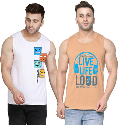 SLOWLORIS Printed Men Scoop Neck Beige, White T-Shirt