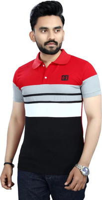 Lonaxa Striped Men Polo Neck Red, Multicolor T-Shirt