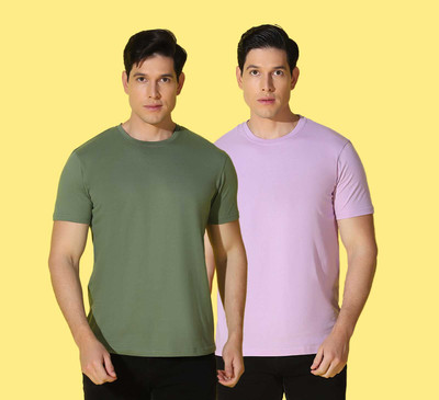 WOOSTRO Solid, Printed Men Round Neck Green, Pink T-Shirt