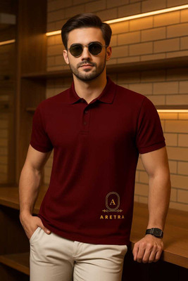 ARETRA Solid Men Polo Neck Maroon T-Shirt