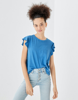 American Eagle Solid Women Crew Neck Blue T-Shirt