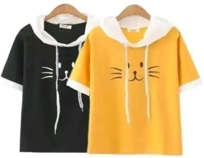 Realglimpse Printed Women Hooded Neck Multicolor T-Shirt