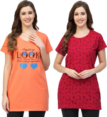 Shyam Sons FLAIR Printed Women Round Neck Orange, Maroon T-Shirt