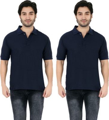 YUALIN CREATION Solid Men Polo Neck Dark Blue T-Shirt