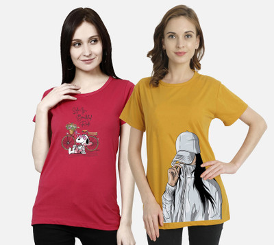CHOQU Printed Women Round Neck Yellow, Maroon T-Shirt