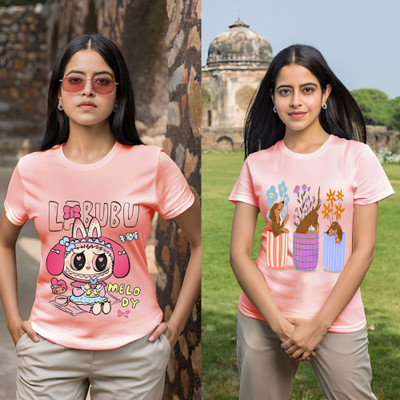 Kasendra Printed Women Round Neck Pink T-Shirt