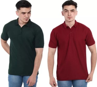 Silver Swan Solid Men Polo Neck Dark Green, Maroon T-Shirt