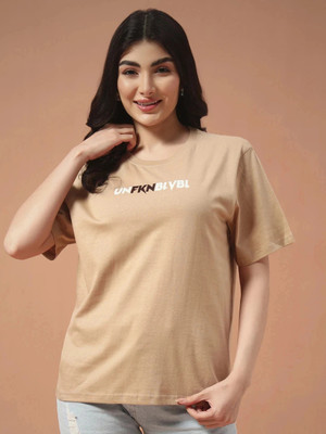 THE DRY STATE Printed Women Round Neck Beige T-Shirt