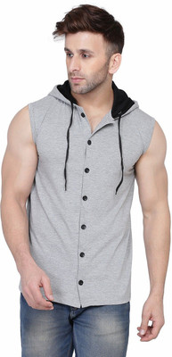 Lawful Casual Solid Men Hooded Neck Silver T-Shirt