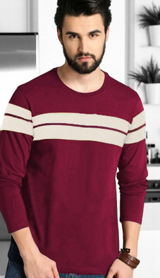 FAOES Striped Men Round Neck Maroon T-Shirt