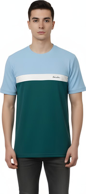 Enigmatic Colorblock Men Round Neck Dark Green, Light Blue T-Shirt