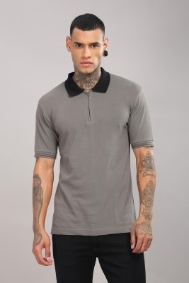 ADRO Solid Men Polo Neck Grey T-Shirt