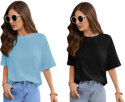 SriSaras Solid Women Round Neck Black, Light Blue T-Shirt
