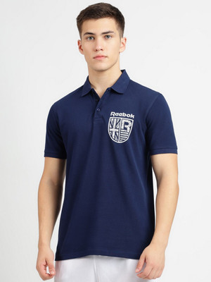 REEBOK Printed Men Polo Neck Navy Blue T-Shirt