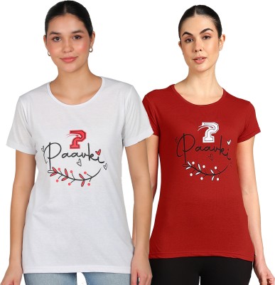 Paavki Printed Women Round Neck White, Red T-Shirt