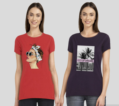 CHOZI Printed Women Round Neck Red, Purple T-Shirt