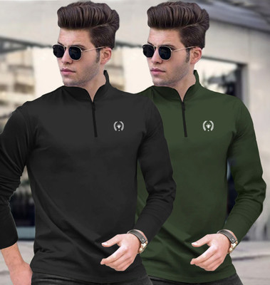 FastColors Solid Men Zip Neck Black, Dark Green T-Shirt