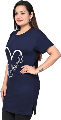 SK HOSIERY Printed Women Round Neck Dark Blue T-Shirt