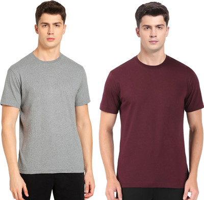 JOCKEY Solid Men Round Neck Grey, Maroon T-Shirt