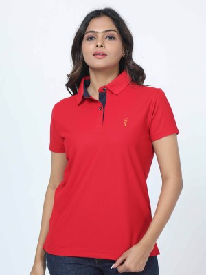 Stellers Solid Women Polo Neck Red T-Shirt