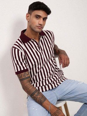SHOWOFFFF Striped Men Polo Neck Maroon, White T-Shirt