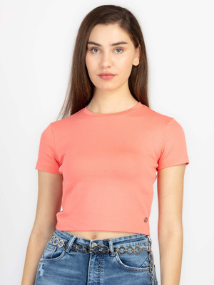 Status Quo Solid Women Round Neck Orange T-Shirt
