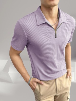 TAZO Solid Men Polo Neck Purple T-Shirt