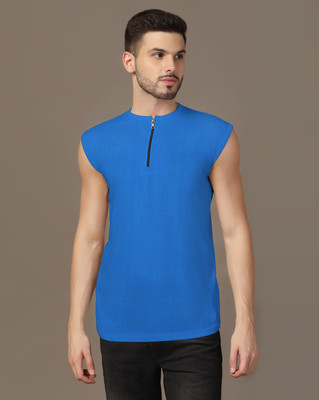 GEUM Solid Men Henley Neck Blue T-Shirt