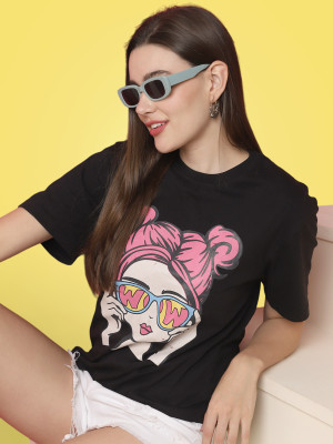 Fabflee Graphic Print Women Round Neck Black T-Shirt