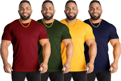 UDI n ADI Solid Men Round Neck Dark Green, Maroon, Yellow, Navy Blue T-Shirt