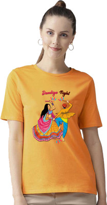 BRATMA Printed Women Round Neck Yellow T-Shirt