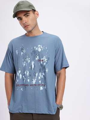 Glitchez Printed Men Round Neck Blue T-Shirt