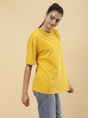 PockMAN Solid Women Round Neck Yellow T-Shirt