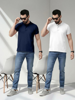 METRONAUT Solid Men Polo Neck Navy Blue, White T-Shirt