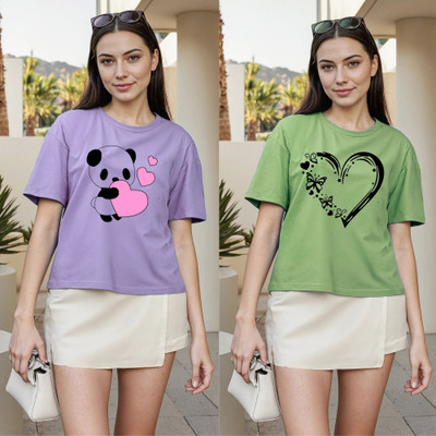 Herway Printed Women Round Neck Purple, Green T-Shirt