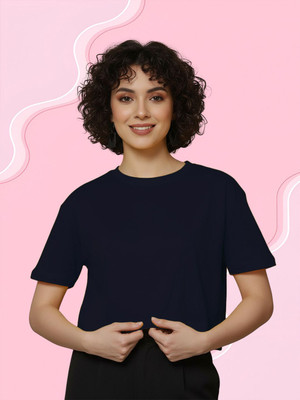 HouseOfCommon Solid Women Round Neck Dark Blue T-Shirt