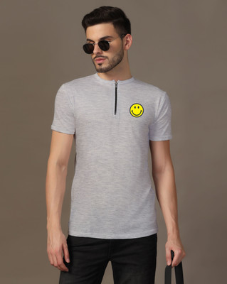 Lawful Casual Printed Men Mandarin Collar Silver T-Shirt