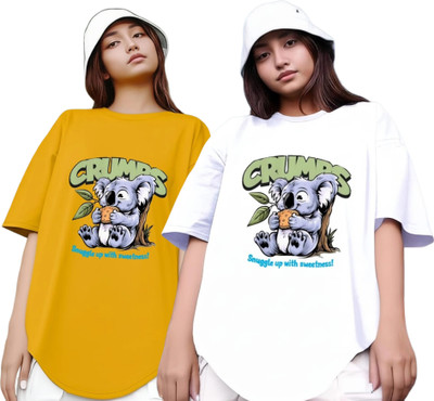 Xsware Printed Women Round Neck Yellow, White T-Shirt