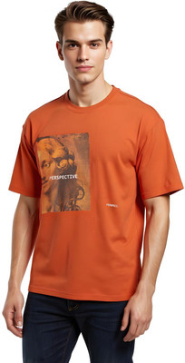 Glitchez Printed Men Round Neck Orange T-Shirt