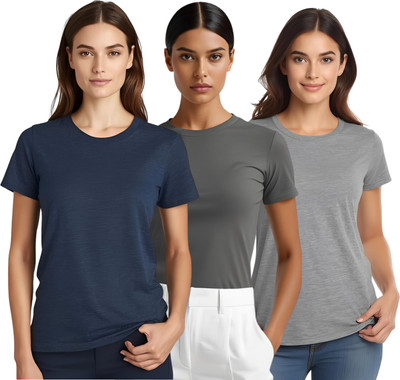SHARXTRENDS Solid Women Round Neck Navy Blue, Grey, Silver T-Shirt