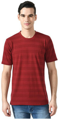KAVYA Striped Men Round Neck Maroon T-Shirt