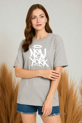 Elvia Printed Women Round Neck Grey T-Shirt