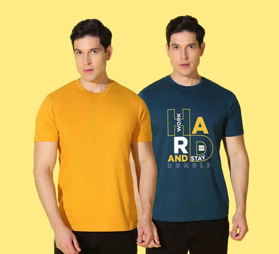 WOOSTRO Graphic Print, Solid Men Round Neck Yellow, Blue T-Shirt